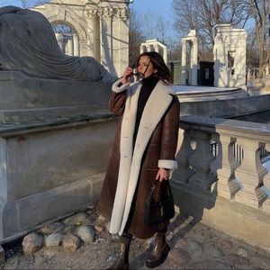 Reversible faux shearling-lined long Brown Coat Mango NWT Bloggers favourite